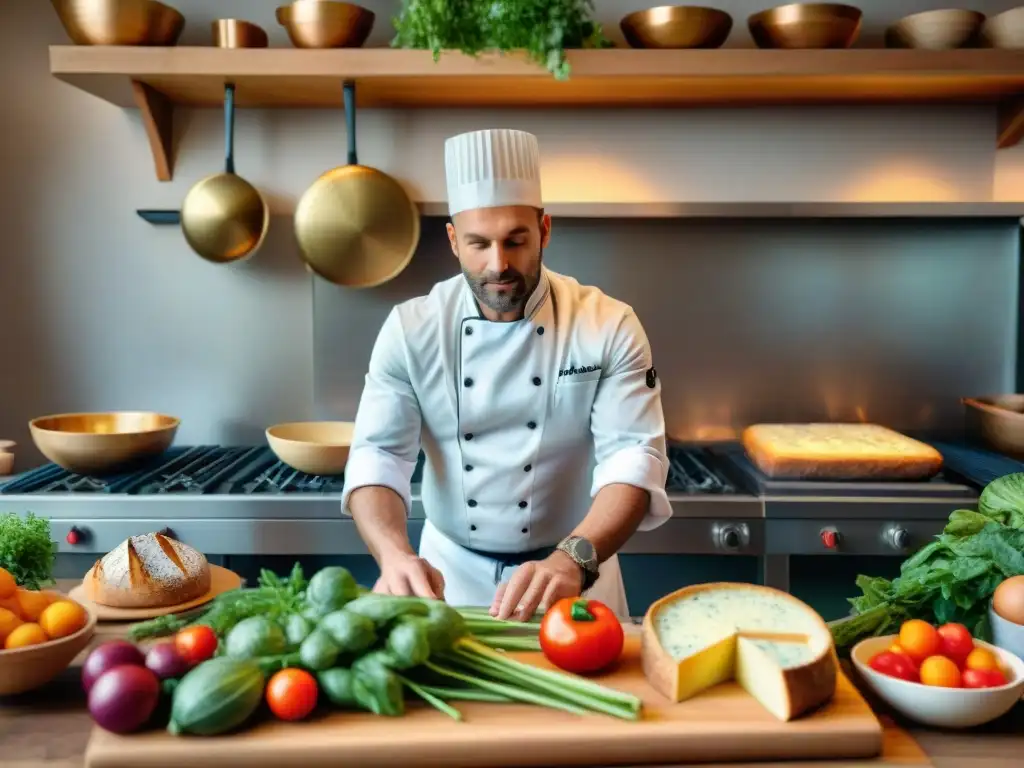 Cocina francesa ecofriendly: Chef preparando plato sostenible con ingredientes frescos en cocina tradicional