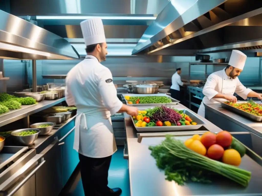 Cocina francesa ecofriendly: Chefs preparando platos coloridos con ingredientes orgánicos en una bulliciosa cocina