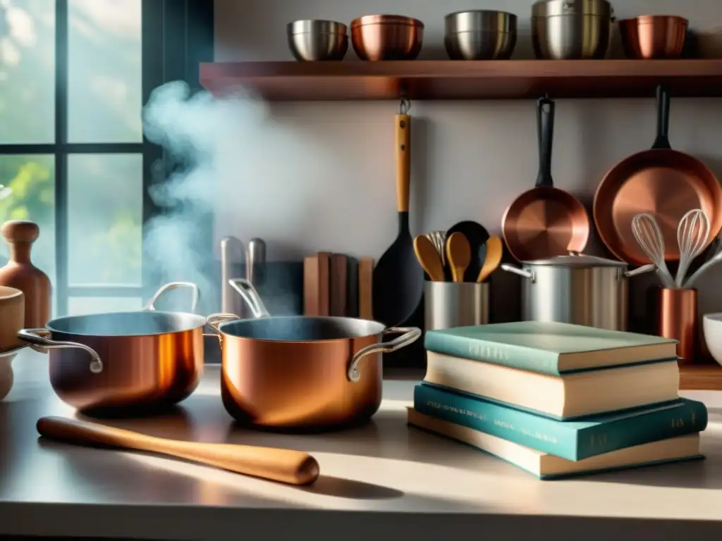 Una cocina francesa elegante y organizada con utensilios de cobre y libros de cocina