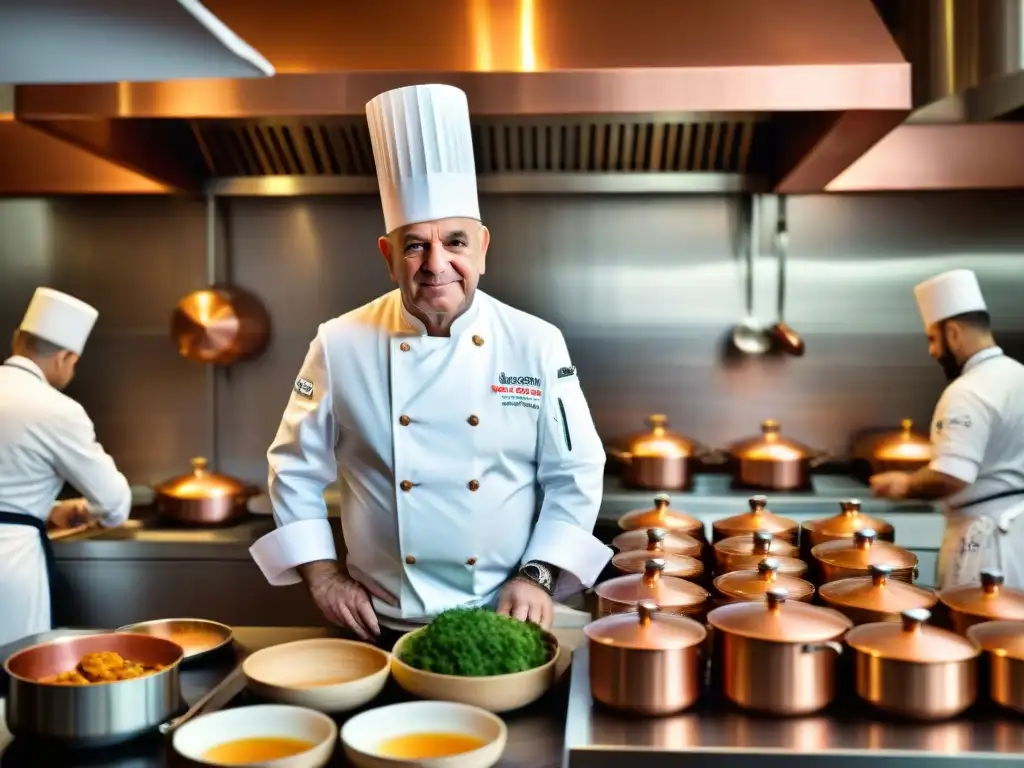 Paul Bocuse en su cocina francesa: una escena de elegancia culinaria atemporal