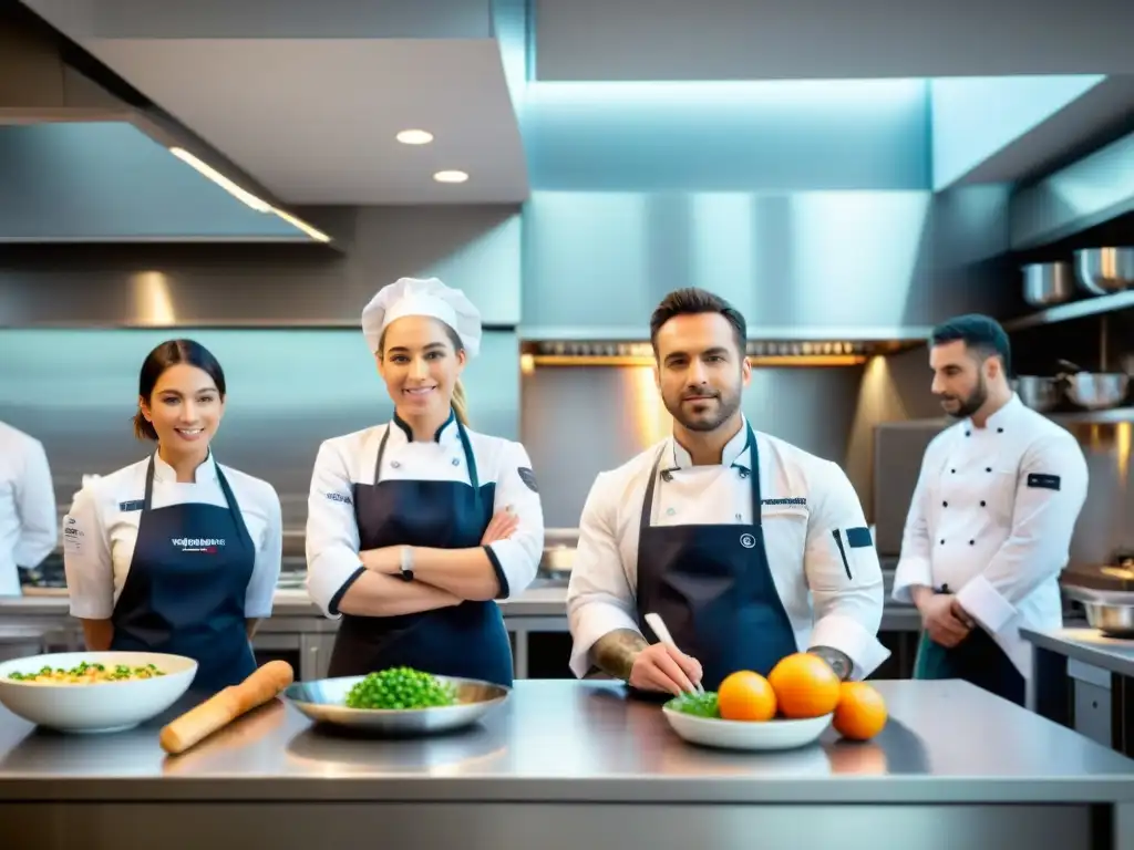 Una cocina francesa escolar llena de tecnología culinaria: estudiantes en clase con tabletas y equipos de vanguardia
