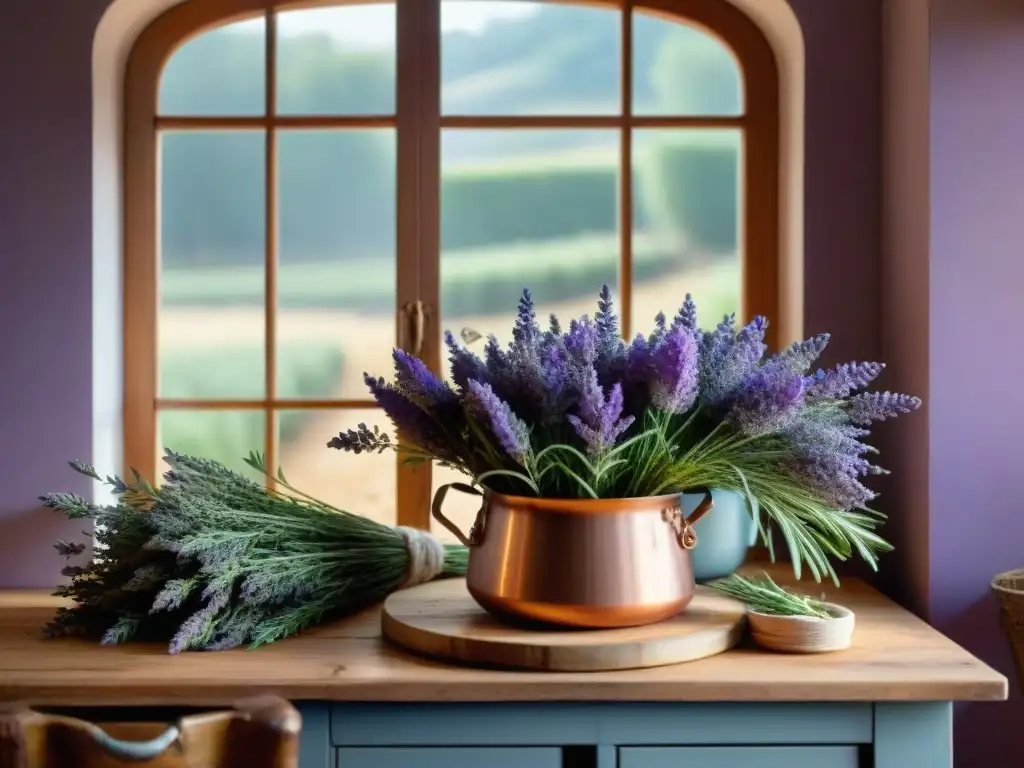 Un rincón de cocina francesa con especias clave: ramilletes frescos de lavanda, estragón y tomillo sobre una mesa de madera