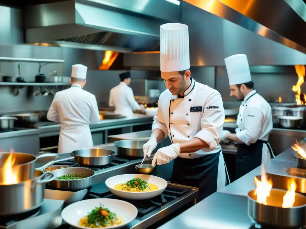 Cocina francesa estrella Michelin en pleno ajetreo durante servicio nocturno en restaurante de renombre