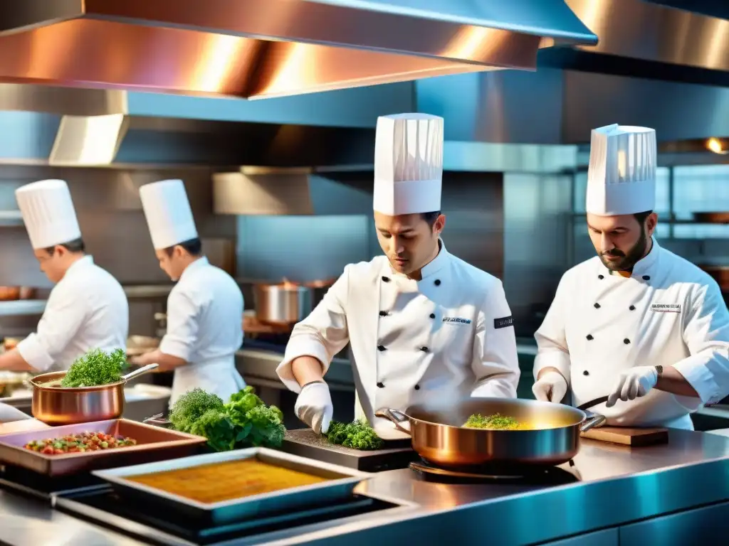 Un cocina francesa estrella Michelin rebosante de chefs meticulosos trabajando bajo el cálido brillo de sartenes colgantes de cobre