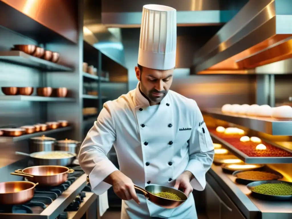 Cocina francesa con Estrellas Michelin, chefs en uniforme blanco preparando exquisitos platillos en un ambiente tradicional e innovador