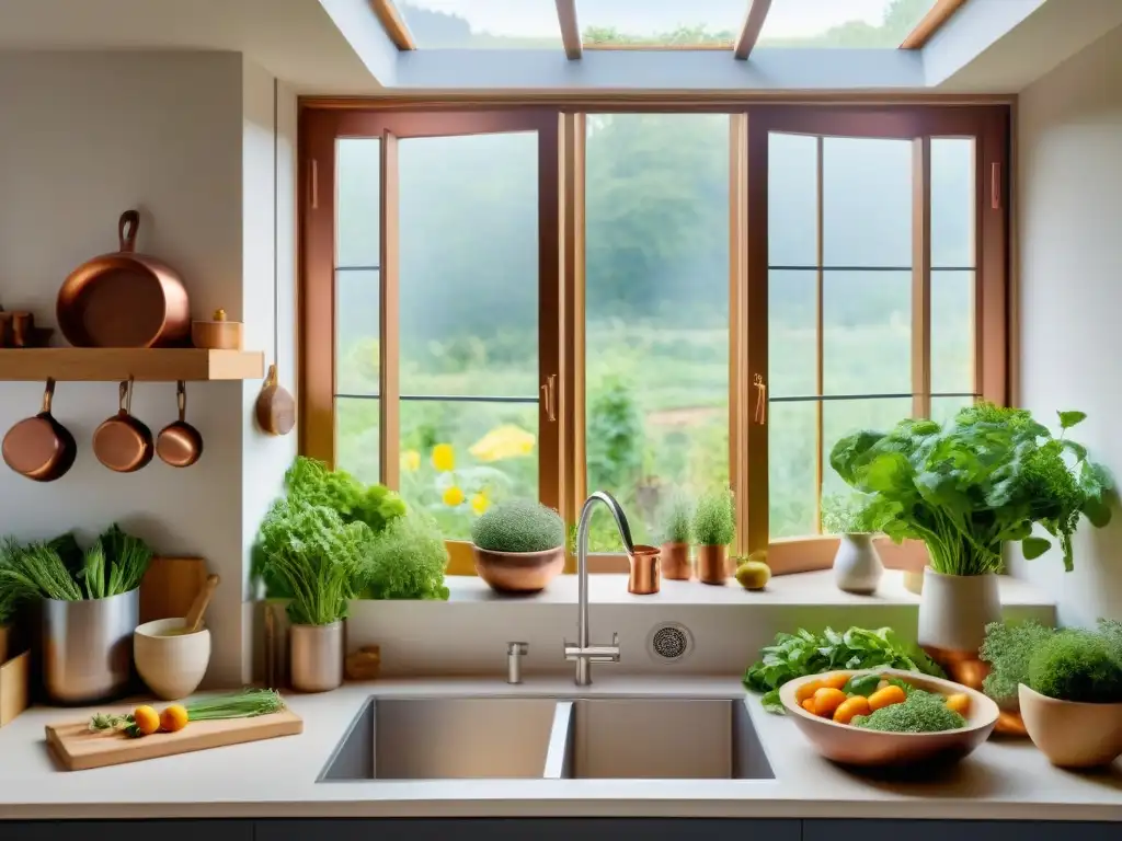 Cocina francesa con permacultura: jardín exuberante visto desde la ventana, utensilios vintage y hierbas frescas colgando