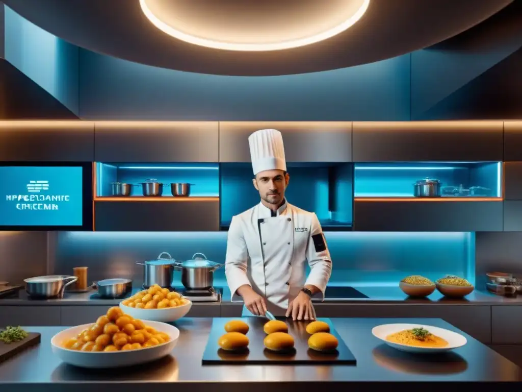 Una cocina francesa futurista con innovaciones culinarias francesas inteligencia artificial, fusionando tradición e innovación