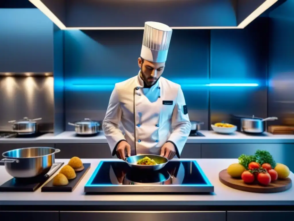 Una cocina francesa futurista con innovaciones culinarias y tecnología avanzada, iluminada cálidamente