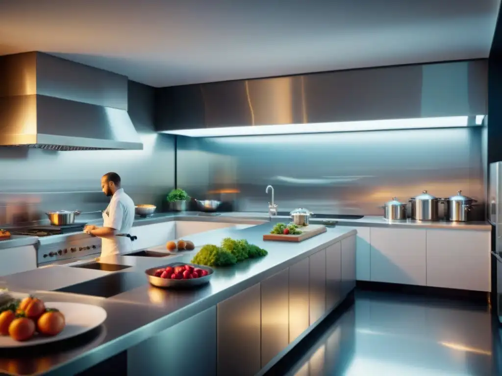 Una cocina francesa futurista y tecnológica donde chefs crean obras culinarias con brazos robóticos