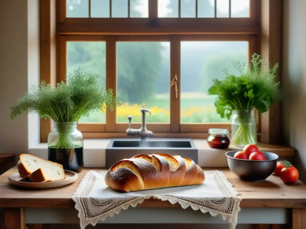 Un rincón de cocina francesa con hierbas frescas, vegetales y conservas caseras en estantes rústicos de madera