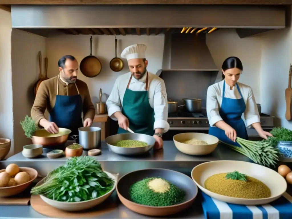 Cocina francesa histórica: chefs innovando con ingredientes olvidados Una cocina francesa histórica rebosante de actividad culinaria, con chefs en trajes tradicionales trabajando con ingredientes olvidados