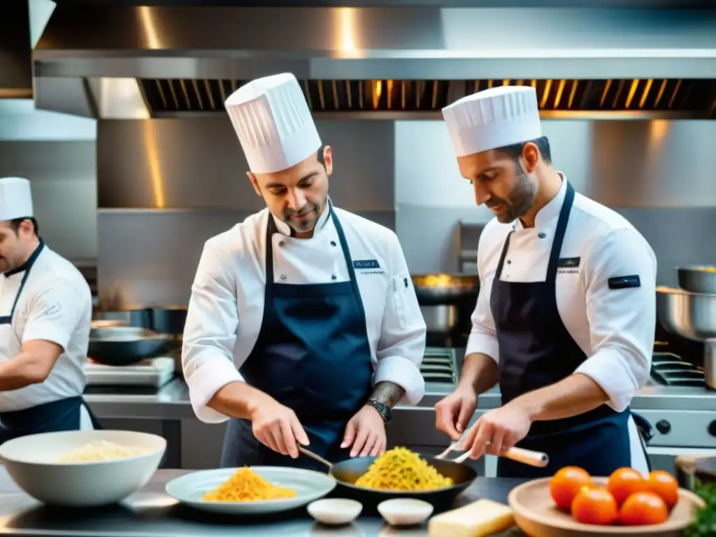 Cocina francesa con influencia culinaria global en Francia: chefs diversos trabajan armoniosamente en un bullicioso restaurante