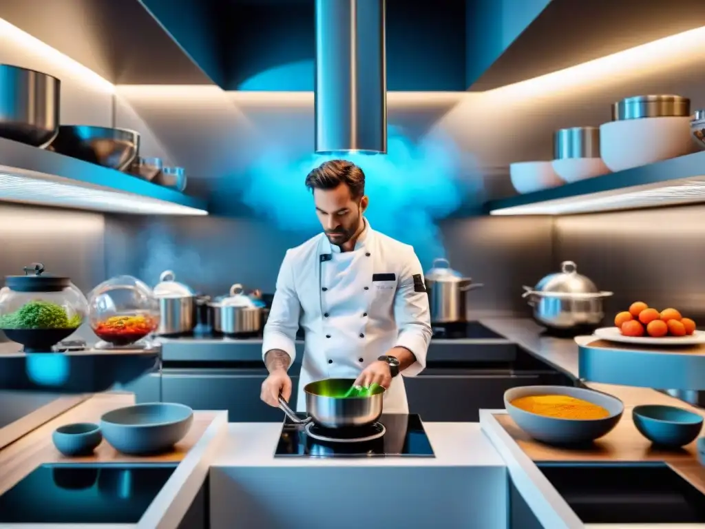 Cocina francesa con innovaciones tecnológicas: chef creando platos vanguardistas con gadgets de alta tecnología