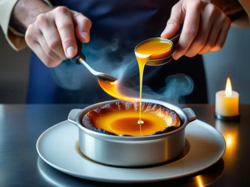 Cocina francesa innovadora: un chef experto caramelizando una crème brûlée con precisión y arte