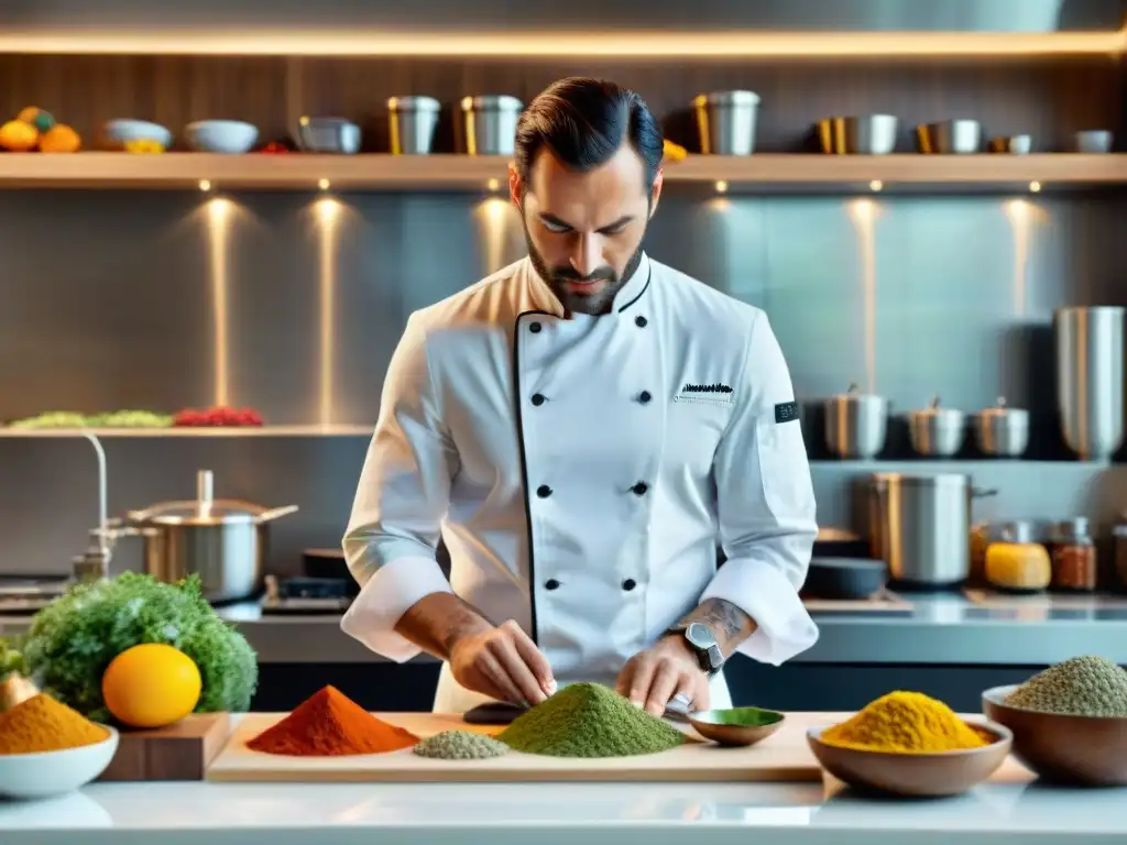 Cocina francesa innovadora en Pinterest: Chef preparando plato vanguardista con flores comestibles y especias coloridas