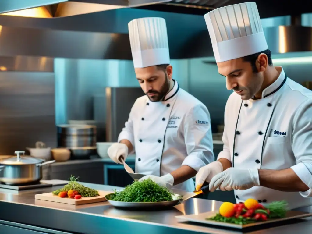 Cocina francesa innovadora y tradicional: Chefs preparando platos creativos en una cocina moderna llena de aromas y técnicas culinarias