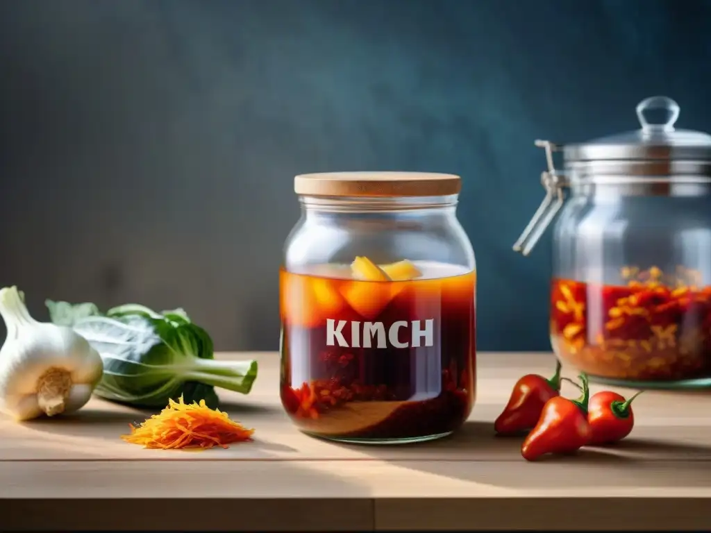 Una cocina francesa con kimchi fermentando en tarro de cristal en encimera rústica