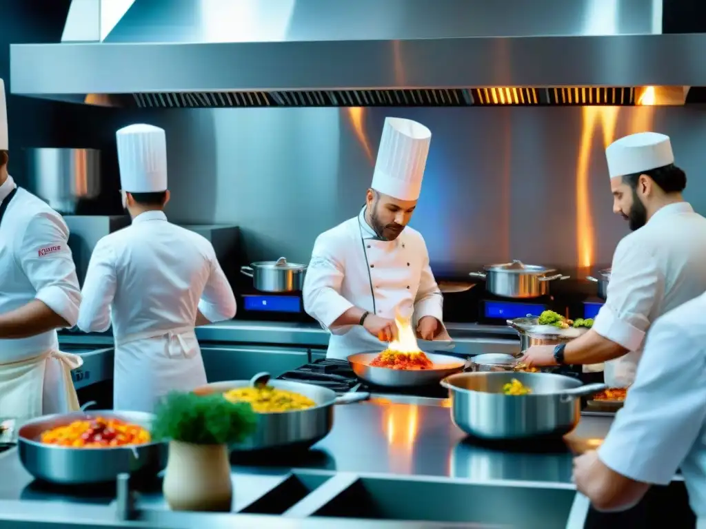 Cocina francesa llena de chefs preparando platos con precisión y creatividad