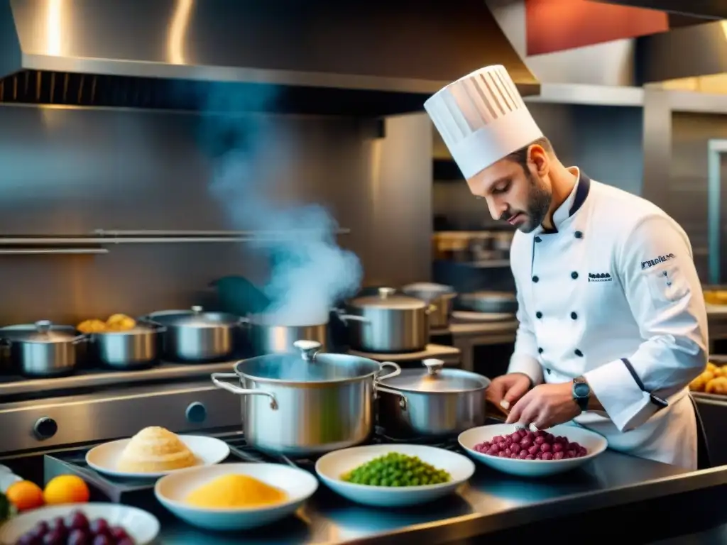 Cocina francesa llena de pasión, chefs en acción creando platos exquisitos