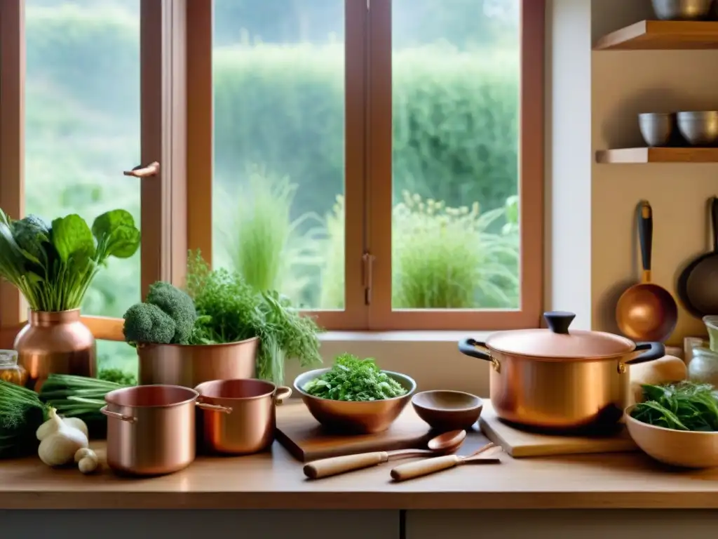 Una cocina francesa llena de utensilios tradicionales, con vista a un jardín exuberante