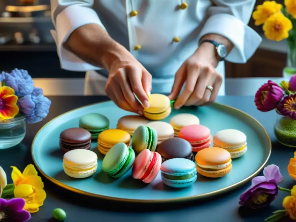 Presentación en la cocina francesa: Chef francés colocando macarons meticulosamente en plato elegante con flores y decoraciones coloridas