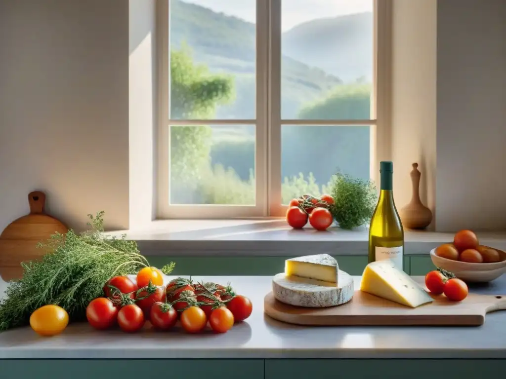 Una cocina francesa minimalista con ingredientes premiados: tomates, queso, aceite y baguettes