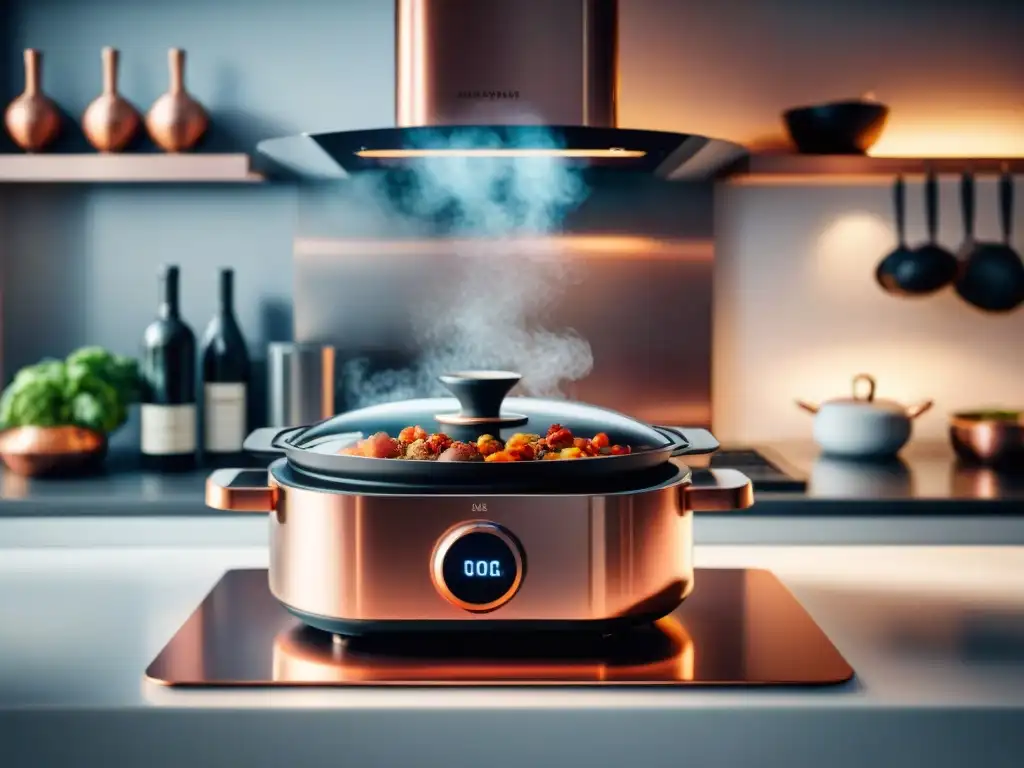 Cocina francesa moderna con robot AI preparando Coq au Vin