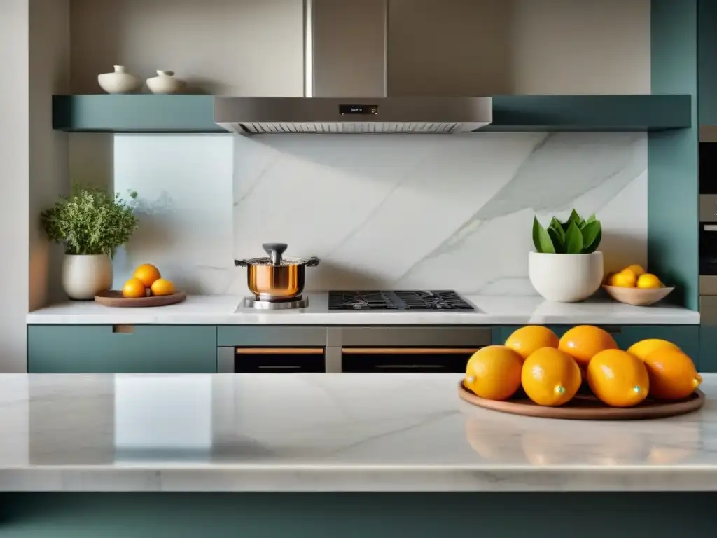 Una cocina francesa moderna y elegante con un exquisito exprimidor de cítricos como punto focal, bañada en luz natural