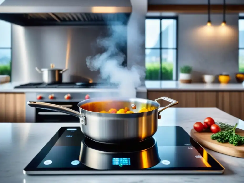 Una cocina francesa moderna con elementos de alta tecnología y un chef presentando un plato innovador