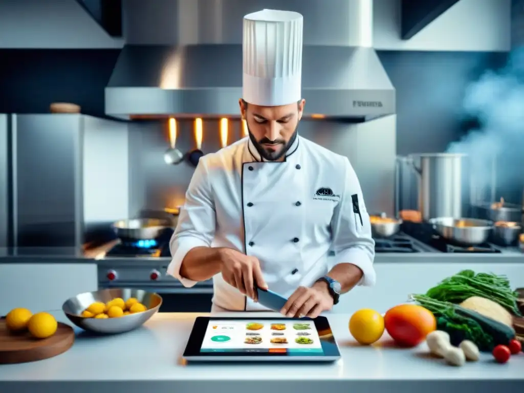 Cocina francesa moderna con herramientas digitales de alta tecnología para gastronomía francesa