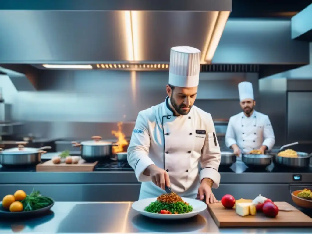 Una cocina francesa moderna con influencia cultural de inteligencia artificial: chefs innovando con tecnología futurista