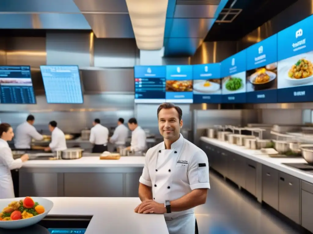 Una cocina francesa moderna llena de actividad culinaria y tecnología, destacando innovaciones tecnológicas en gastronomía francesa