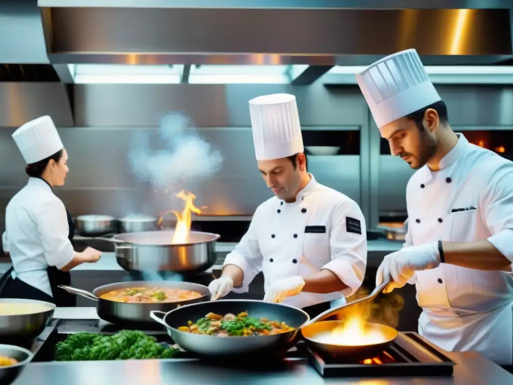 Una cocina francesa moderna llena de actividad, chefs preparando innovaciones culinarias