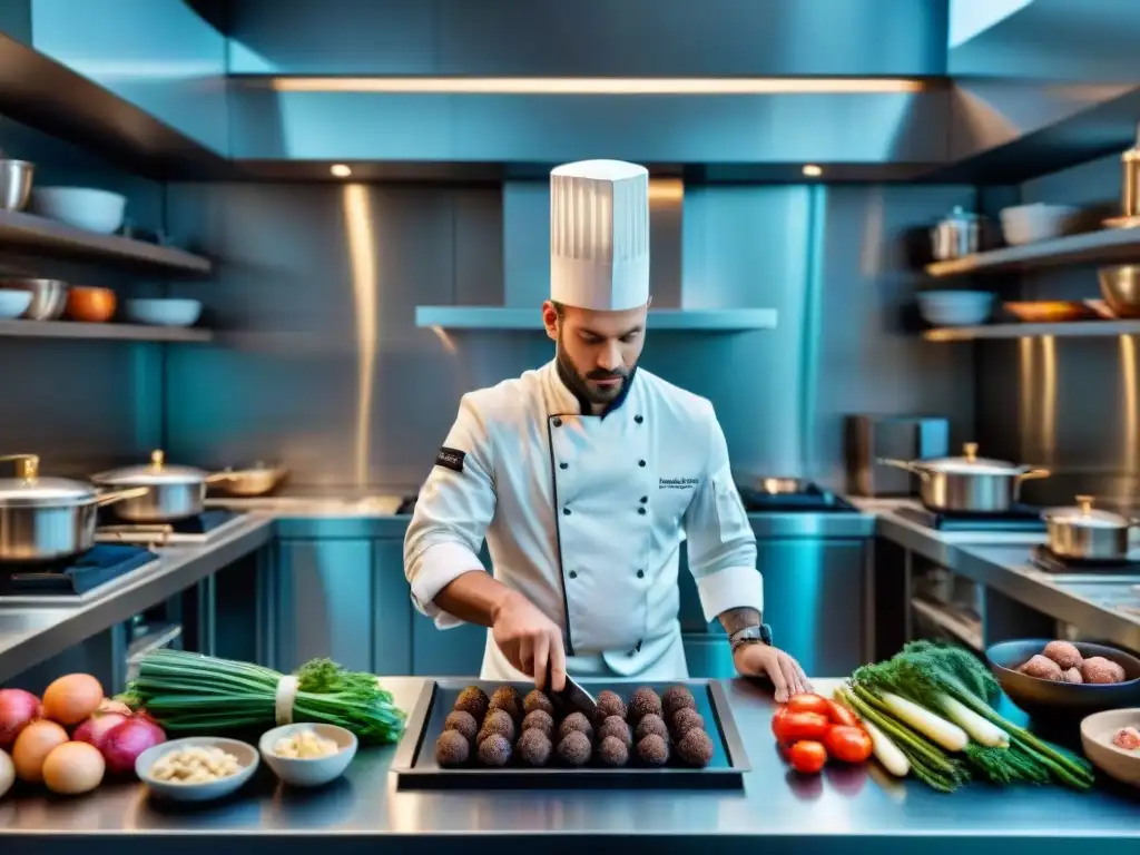 Una cocina francesa moderna llena de actividad, chefs preparando innovaciones culinarias con ingredientes frescos