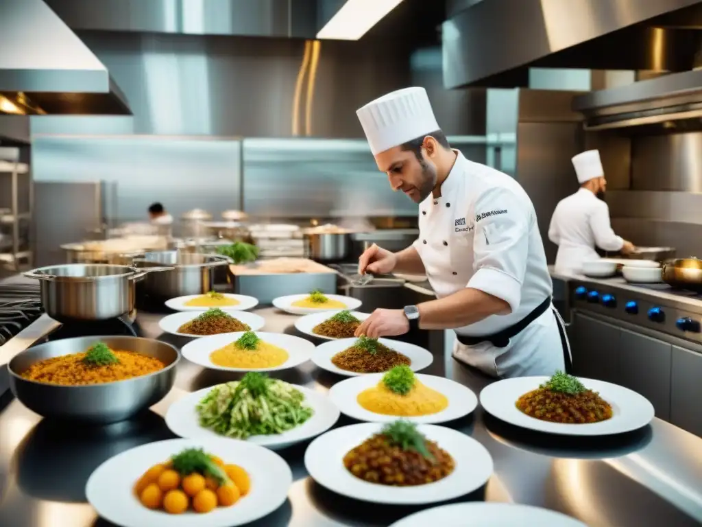 Una cocina francesa moderna rebosante de actividad: chefs crean platos innovadores con ingredientes frescos y tecnología avanzada