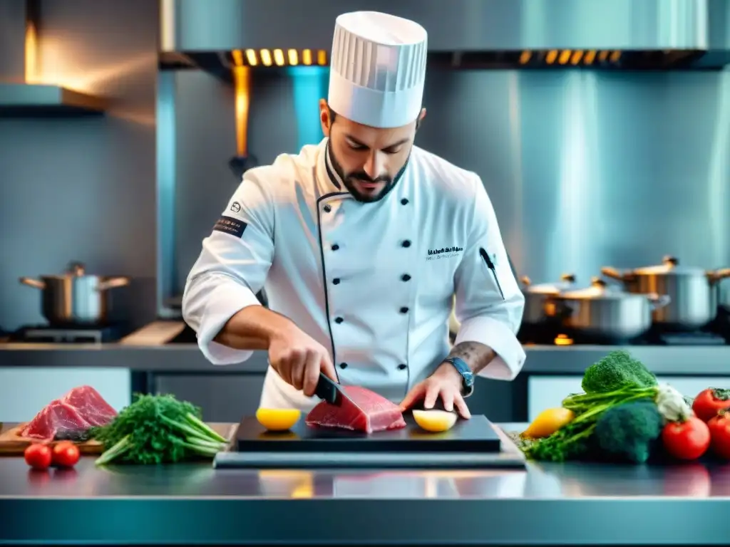 Una cocina francesa moderna con tecnología Sous Vide en acción, fusionando lo tradicional con lo innovador