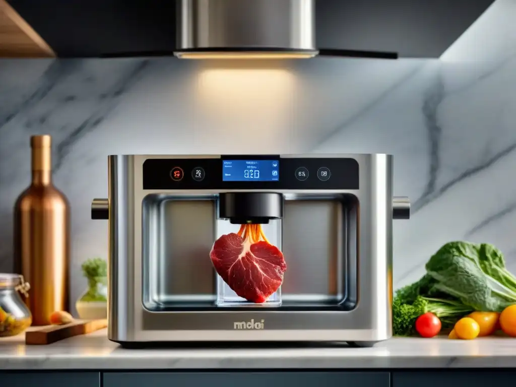 Cocina francesa moderna con tecnología Sous Vide en acción, elegante y sofisticada