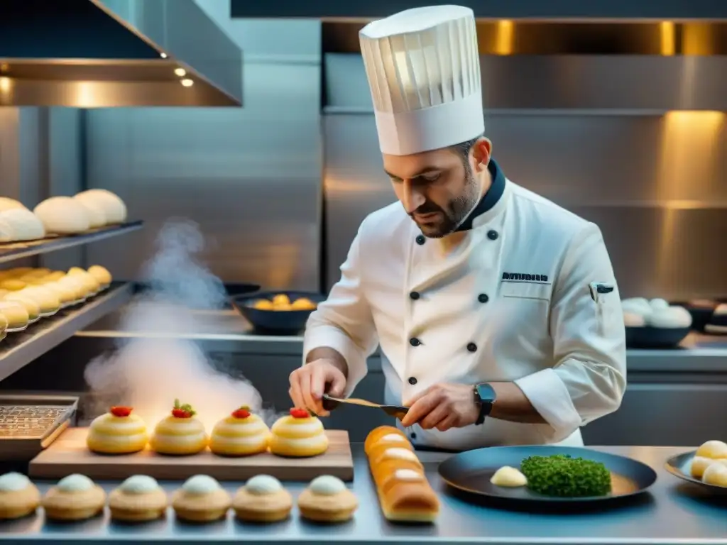 Una cocina francesa moderna fusionando tradición con tecnología, ideal para aplicaciones educativas sobre la historia gastronómica francesa