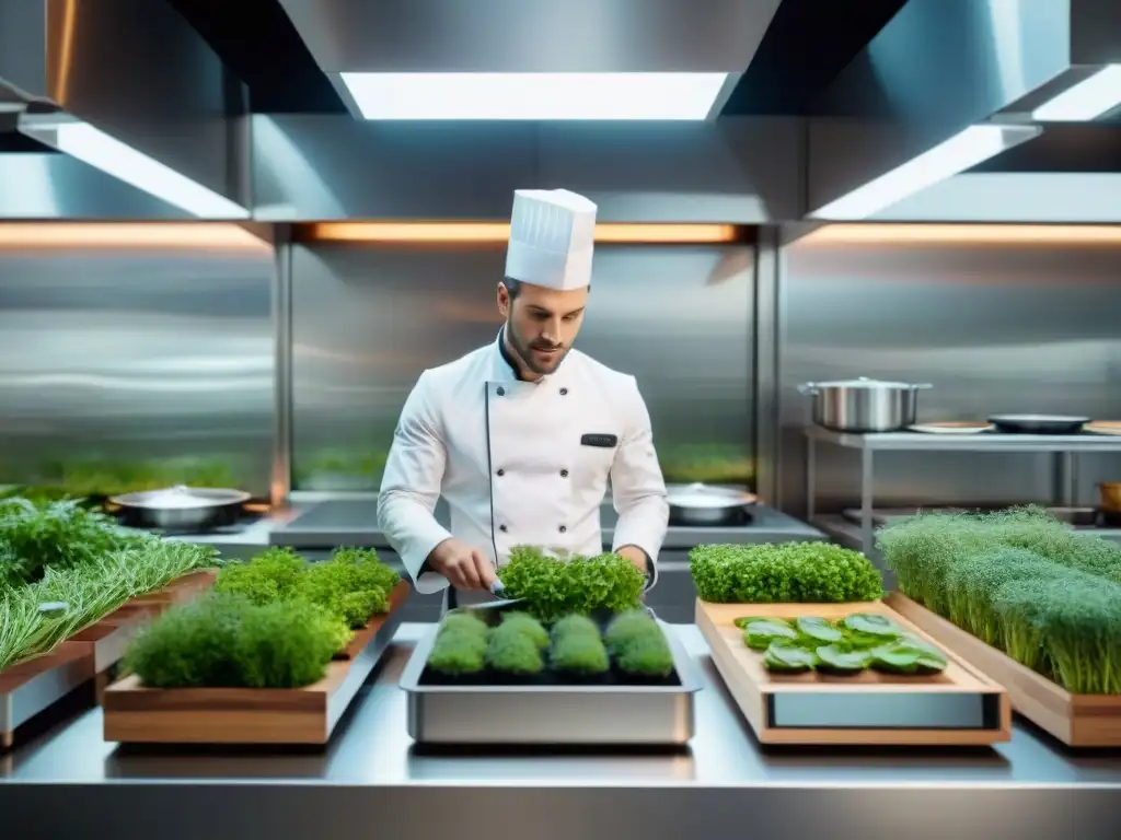 Una cocina francesa moderna con tendencias emergentes, sostenible y tecnológica, chefs preparando innovadores platos