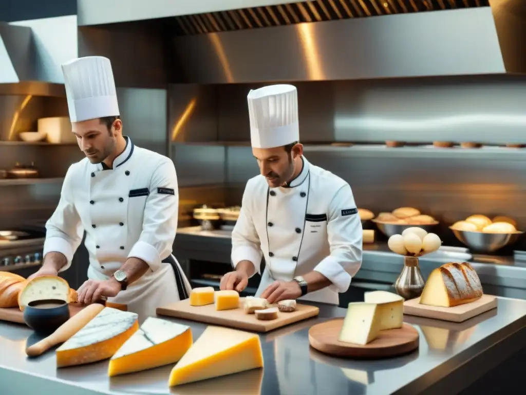 Una cocina francesa moderna tradicional llena de vida con quesos artesanales, baguettes recién horneadas y vinos finos