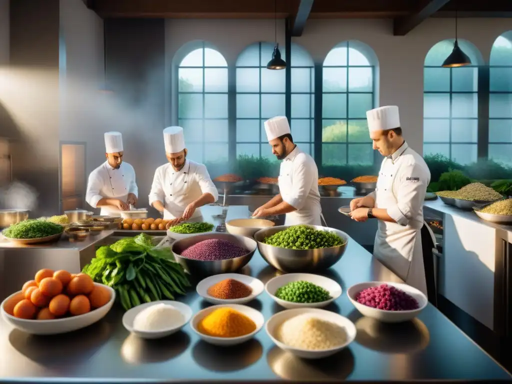 Una cocina francesa meticulosamente organizada en la mañana, resaltando la importancia de la mise en place