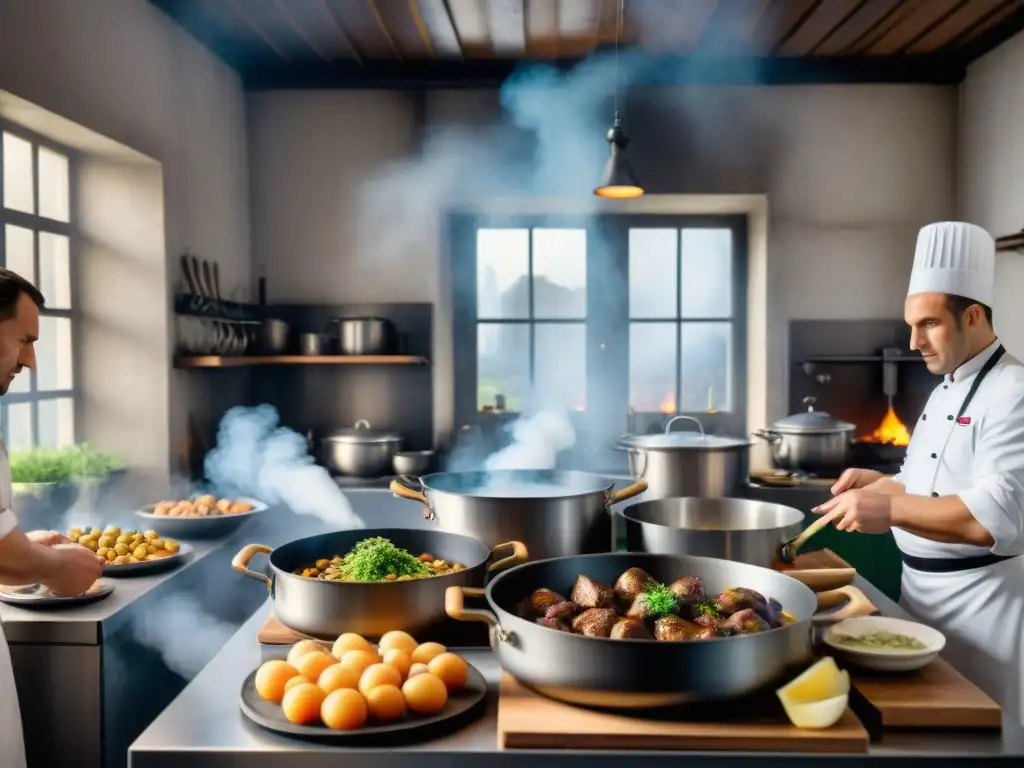 Cocina francesa en películas bélicas: Chefs preparando Coq au Vin y Ratatouille en un campamento militar de la WWII, con soldados observando