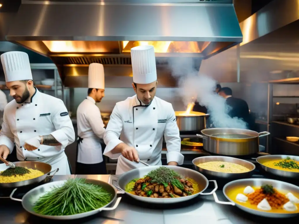 Cocina francesa en plena acción: chefs creando platos con precisión y arte