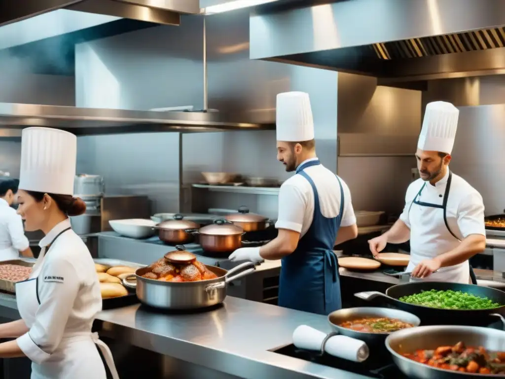 Cocina francesa en pleno ajetreo con chefs preparando platillos clásicos