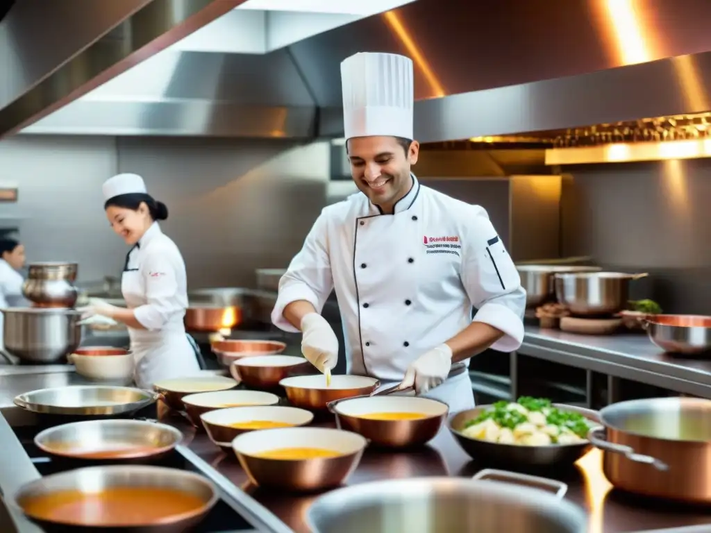 Una cocina francesa prestigiosa llena de vida, con estudiantes internacionales y un chef instructor sonriente