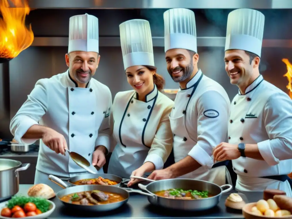 Vibrante cocina francesa: chefs preparando coq au vin y más Cocina francesa recetas tradicionales: Chefs preparan platos clásicos como coq au vin y ratatouille en una cocina bulliciosa y vibrante