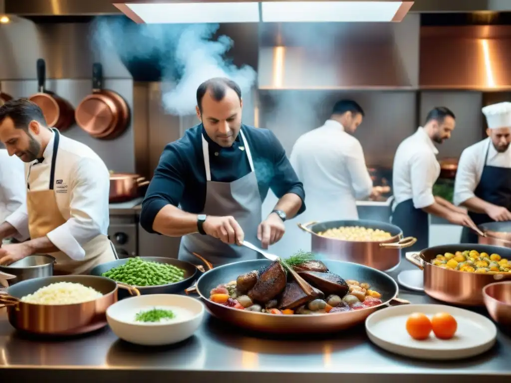 Cocina francesa y recetas tradicionales cobran vida en una bulliciosa cocina con renombrados chefs franceses