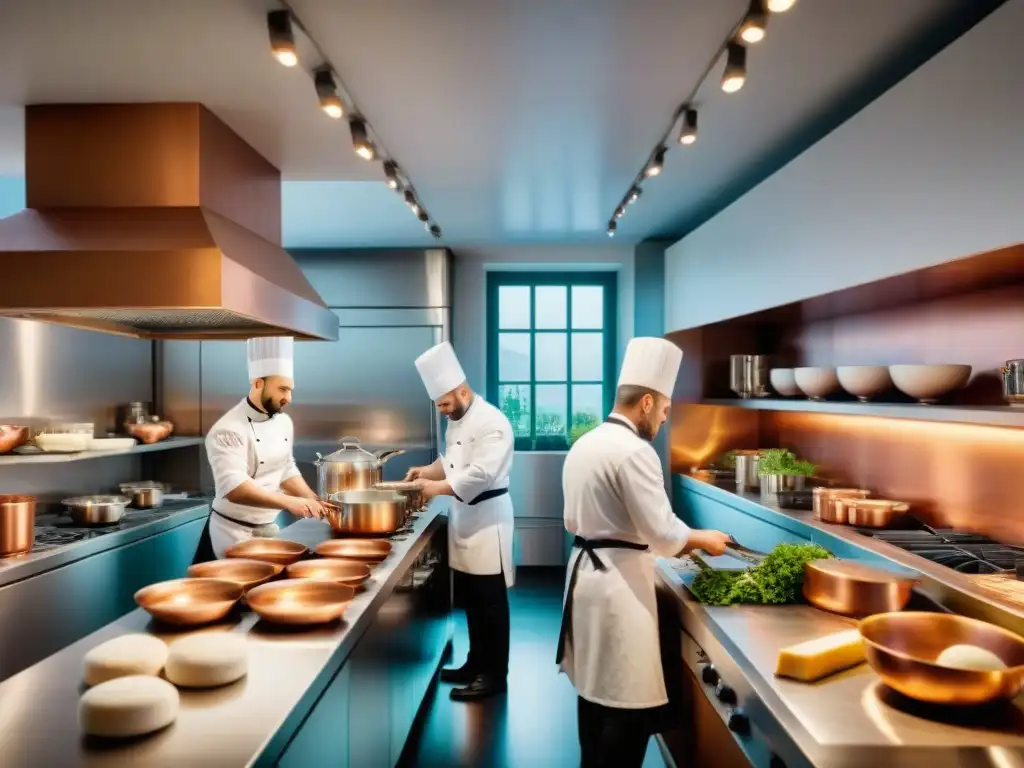 Cocina francesa: Pasión y pericia culinaria en 2023 Cocina francesa recetas tradicionales: Chefs preparando platos franceses en una cocina bulliciosa y vibrante en 2023
