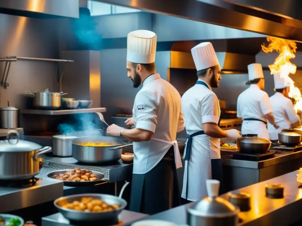 Cocina francesa en restaurante con chefs trabajando, platos elegantes y comensales felices