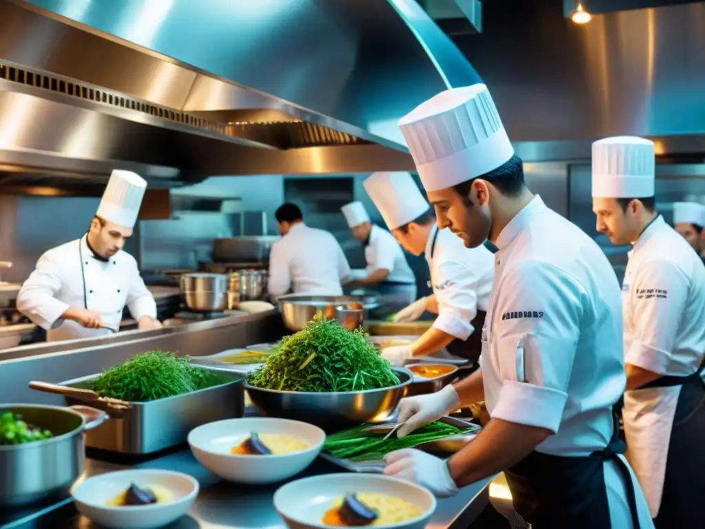 Cocina francesa en restaurante Estrella Michelin durante servicio de cena, chefs creando exquisitos platos y staff atendiendo mesas